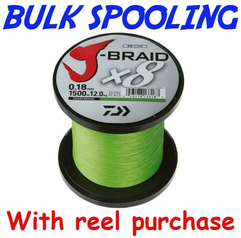 BULK SPOOL UP - DAIWA J BRAID X8 BRAID LINE CHARTREUSE - PER 100yds - 65lb 1 BULK SPOOL UP - DAIWA J BRAID X8 BRAID LINE CHARTREUSE - PER 100yds - 65lb